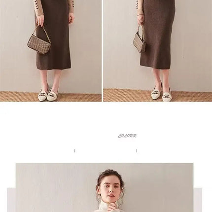 Korean Winter Cashmere Knitted Long Skirts For Women Fashion Mid-length High Waist A-line Skirts Female Wool Bottoms PlatiNum