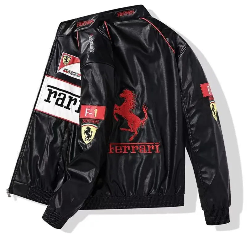 Giacca calda Ferrari F1 da uomo, look retrò motociclistico.