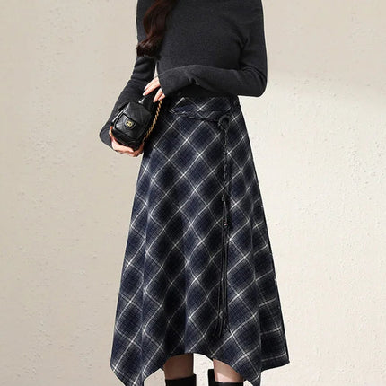 Women Faux Woolen Plaid Long Skirts Korean Vintage Belt Loose High Waist A Line Skirt Casual Fall Winter Irregular Retro Skirts PlatiNum