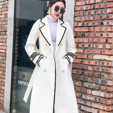 Women White Long Woolen Coat Autumn Winter British Hepburn Style Thicken Slim Double-Breasted Woolen Coat New Women Outwear