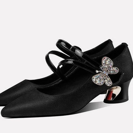 FHC Tacchi medi in pelle poco profonde, Scarpe da lavoro da donna da ufficio, Décolleté da donna, Papillon con strass, Punta a punta Vogue, Blu, Nero, Dropship
