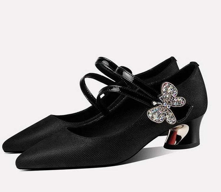FHC Tacchi medi in pelle poco profonde, Scarpe da lavoro da donna da ufficio, Décolleté da donna, Papillon con strass, Punta a punta Vogue, Blu, Nero, Dropship
