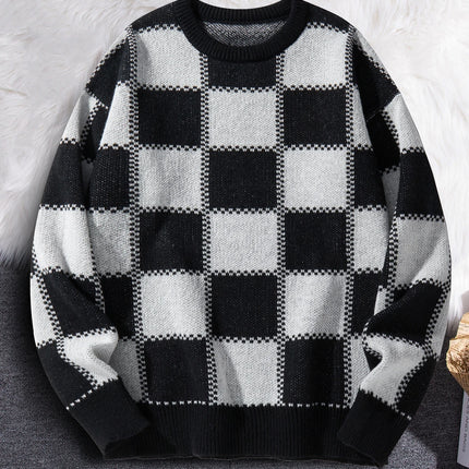 Retro Trendy Plaid Jacquard Pattern Pullover Sweater Casual Round Neck Color-Block Knit Men's Pullover