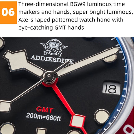 ADDIESDIVE Luxury GMT515-24H Men's Watch Diver 200m Bubble Mirror Glass BGW9 Super Luminous Stainless Steel Men's Analog Watches
