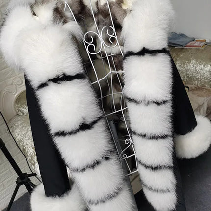 Winter Long Jacket Real Fur Coat Women Clothes Large Silver Fox Fur Collar Detachable Natural Fox Lining Parkas Leather Fur