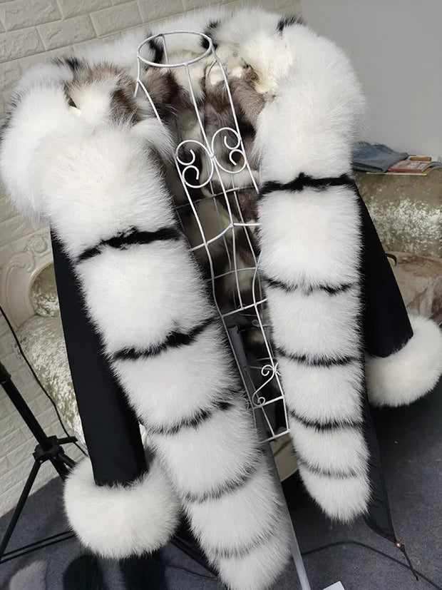 Winter Long Jacket Real Fur Coat Women Clothes Large Silver Fox Fur Collar Detachable Natural Fox Lining Parkas Leather Fur