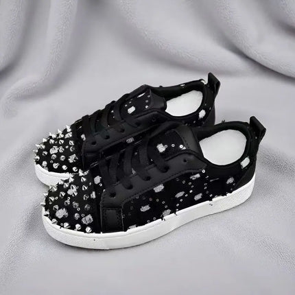 Handcrafted Custom-Made Sequined Rivet Casual Shoes, White Large-Sized Low-Top Lace-Up Sports Shoes 36-44