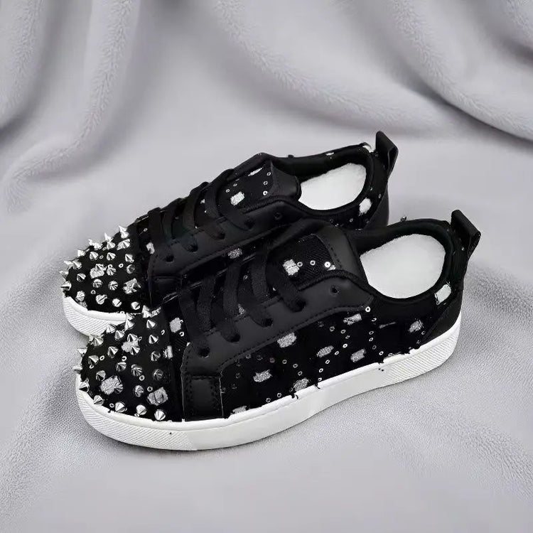 Handcrafted Custom-Made Sequined Rivet Casual Shoes, White Large-Sized Low-Top Lace-Up Sports Shoes 36-44