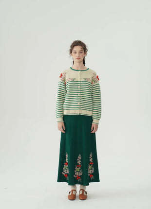 62-96cm Waist Fall Winter Long Skirts Women Elegant Handmade Embriodery Crochet Red Fruit Cashmere Wool Knitted Emerald Skirts PlatiNum