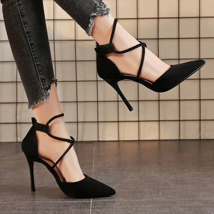 2021 Estate europea e americana pelle scamosciata a punta croce cinturino scarpe tacco alto banchetto da donna discoteca sandali sexy con tacco sottile