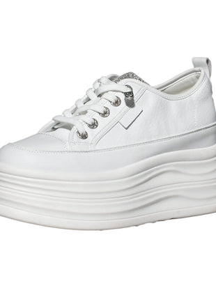Fujin 9cm 3 inch comfortable platform sneakers for women Genuine Leather Women Vulcanized Shoes Platform High Heels Casual Shoes PlatiNum