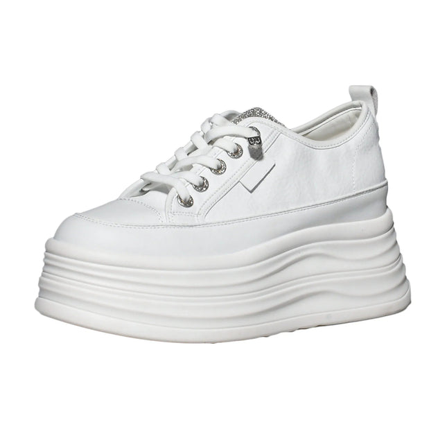 Fujin 9cm 3 inch comfortable platform sneakers for women Genuine Leather Women Vulcanized Shoes Platform High Heels Casual Shoes PlatiNum