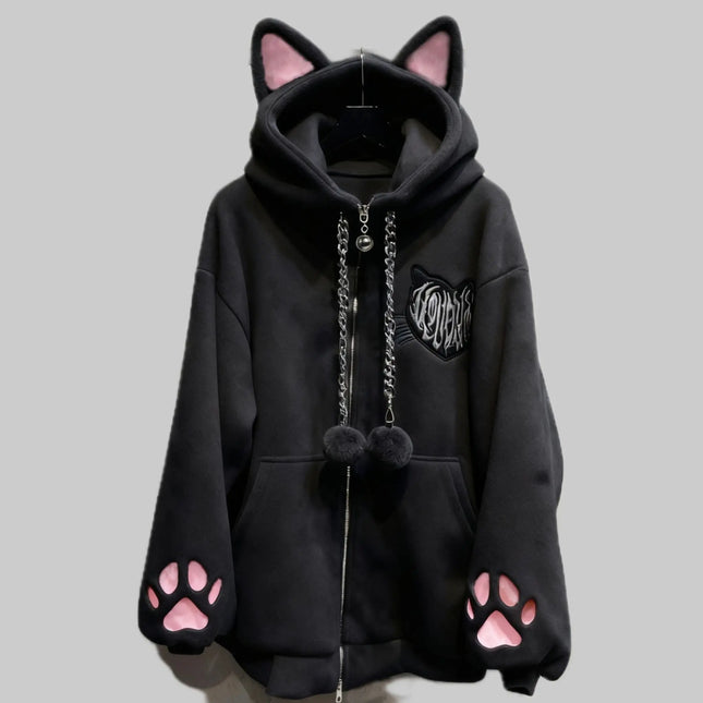 Thicked Women Jackets Cute Cat Ear Hooded Long Sleeve Punk Outerwear Fashion Casual Warm Coats 2025 Ropa Mujer Japanese Y2k Tops