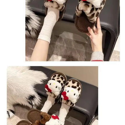 Women Cute Cartoon Cat Leopard Print Plush Slippers Warm Fuzzy Non-Slip Soft Sole Winter Indoor Bedroom Cozy House Home Shoes