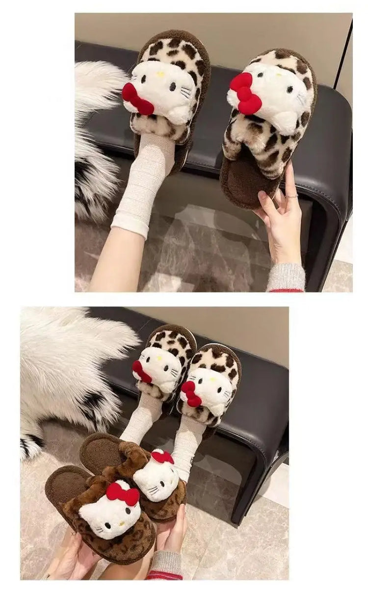 Women Cute Cartoon Cat Leopard Print Plush Slippers Warm Fuzzy Non-Slip Soft Sole Winter Indoor Bedroom Cozy House Home Shoes