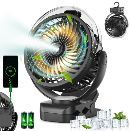Ventilatore Portatile con Clip e Nebulizzatore da 4000mA 306 °   Ventilatore a spruzzo con impugnatura, supporto a polpo, mini umidificatore ricaricabile, 3 velocità, display digitale, ventilatore da tavolo regolabile