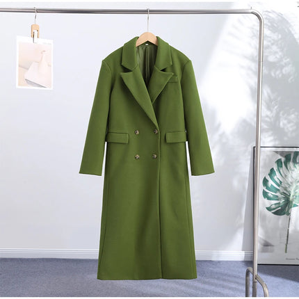 Elegant Women's Woolen Overcoat Solid Lapel Double Breasted Full Sleeve Long Coat 2026 Autumn Winter Fashion Lady Outwear