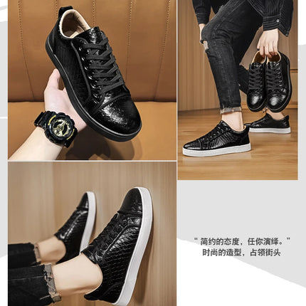 2026 Spring New Shoes for Men Leather Casual Shoes Fashion Pattern Flat Skateboard Shoes Street Cool Lace-up Sneaker