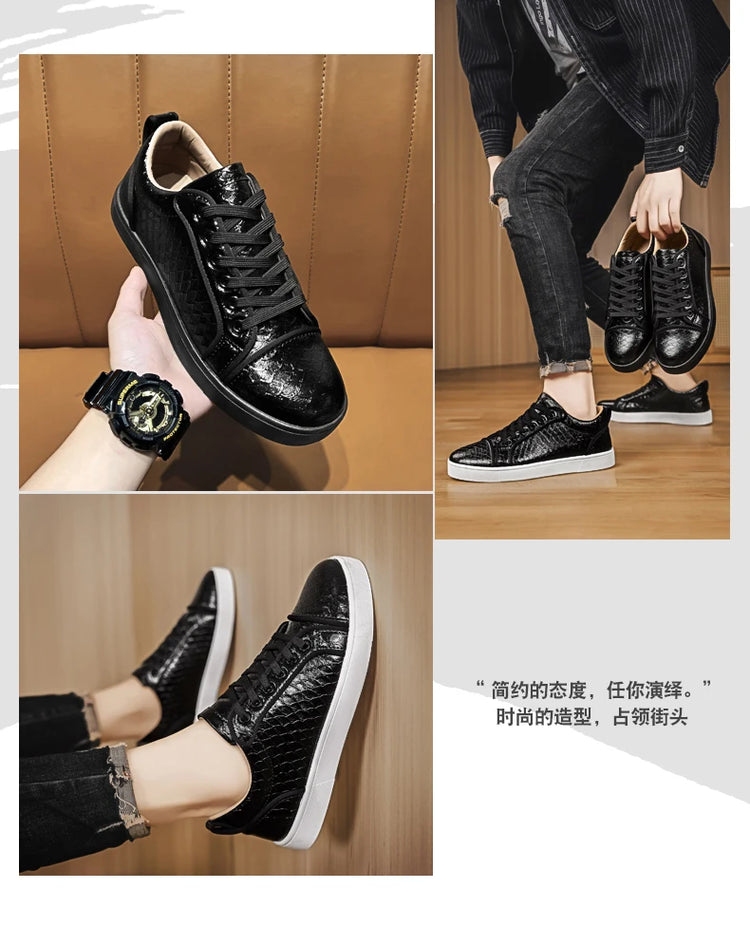 2026 Spring New Shoes for Men Leather Casual Shoes Fashion Pattern Flat Skateboard Shoes Street Cool Lace-up Sneaker