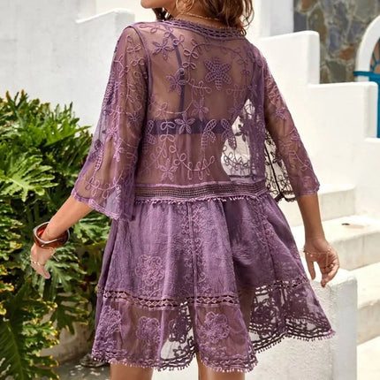 Abito Estivo da Spiaggia con Scollo a V, Protezione Solare, Casual, Copricostume in Pizzo per Donna platinumshop