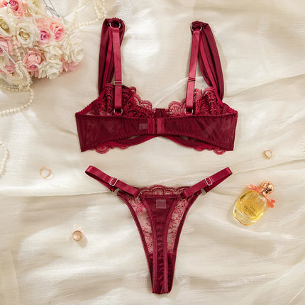 Toucheart Erotic Lingerie New Burgundy Embroidered Underwear Set Sexy Deep V Push-up Hot Bra Hollow See-through Panties Forwomen