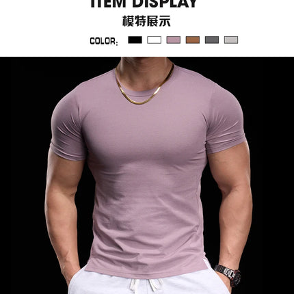 Men's gym fitness workout clothing slim fit short sleeve breathable high elasticity sports T-shirt, running sports