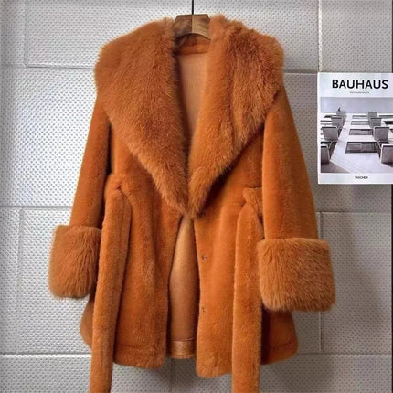 Luxury Brand Chic Faux Fur Coats Fur Collar Oversized with Belt Women Fur Jackets Winter Long Sleeve Outerwear Soft Coats New