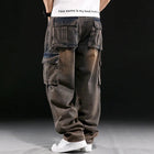 Wide Leg Pant Distressed Cargo Jean Men Jeans Washed Denim Patchwork Solid Full Length Pants Loose Pockets High Street 2025 PlatiNum