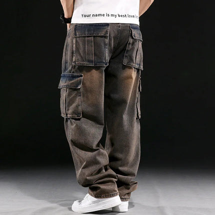 Wide Leg Pant Distressed Cargo Jean Men Jeans Washed Denim Patchwork Solid Full Length Pants Loose Pockets High Street 2025 PlatiNum