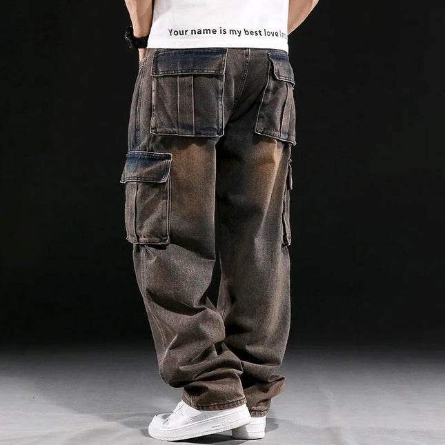 Wide Leg Pant Distressed Cargo Jean Men Jeans Washed Denim Patchwork Solid Full Length Pants Loose Pockets High Street 2025 PlatiNum