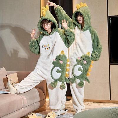 Unisex Men Women Animal Oneises Couple Pajamas One-piece Pyjamas Winter Coral Fleece Cartoon Homewear Large Size Hooded Jumpsuit