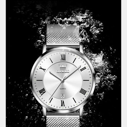 OLEVS 5623 Orologio al quarzo da uomo con quadrante minimalista con numeri romani, cinturino in maglia milanese, lancette luminose, datario, resistente all'acqua fino a 30 m platinumshop