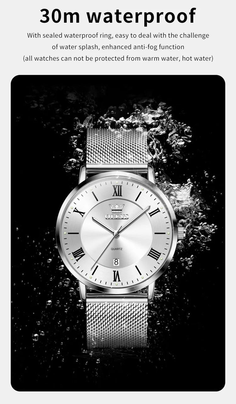 OLEVS 5623 Orologio al quarzo da uomo con quadrante minimalista con numeri romani, cinturino in maglia milanese, lancette luminose, datario, resistente all'acqua fino a 30 m platinumshop
