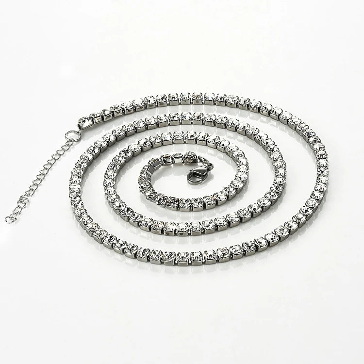 Stainless Steel Shiny Necklace For Men Women Gold Silver Color  Width 2/3/4MM Choker Necklaces With Rhinestones Jewelry Gifts PlatiNum