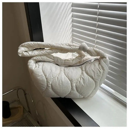 Puffer Shoulder Bag for Women Soft Down Cotton Padded Tote Handbag Purse Quilted Cross Body Bag Solid Color Bubbles Cloud Bag PlatiNum