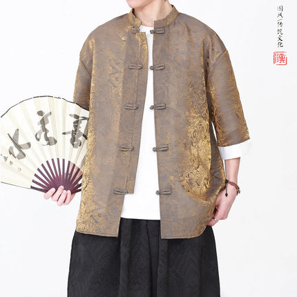 Camicia da Uomo di Lusso con Sfumature Colorate, Jacquard a Maniche Corte, Stile Cinese Tradizionale, Fresca per l'Estate, in Seta Ghiaccio