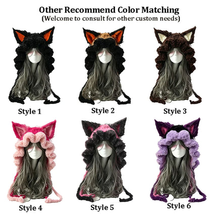 Custom Hand‑Crocheted Black Red Fox Ear Hood Women Soft Knitted Long Ties Beanie Gothic Unisex Dark Fairy Winter Warm Accessory