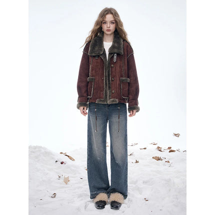 ELFSACK Women's Vintage Suede Plush Winter Coat 2025, Loose Turn-Down Collar Blend Jacket, Casual Versatile Outerwear