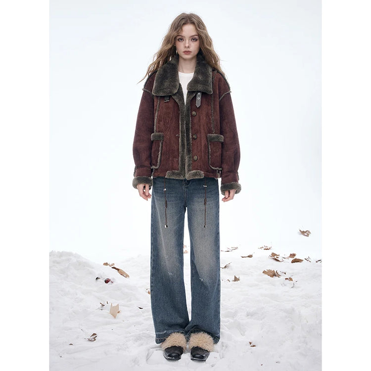 ELFSACK Women's Vintage Suede Plush Winter Coat 2025, Loose Turn-Down Collar Blend Jacket, Casual Versatile Outerwear