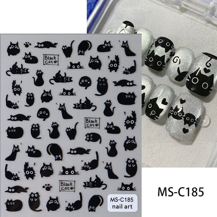 Cute Black Cat Nail Stickers Decals 5D Embossed Kawaii Cat Flowers Star Nail Art Decoration Cute Cartoon Sliders Summer Manicure