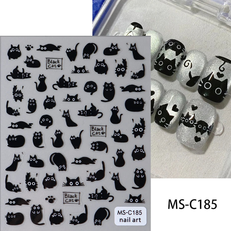 Cute Black Cat Nail Stickers Decals 5D Embossed Kawaii Cat Flowers Star Nail Art Decoration Cute Cartoon Sliders Summer Manicure