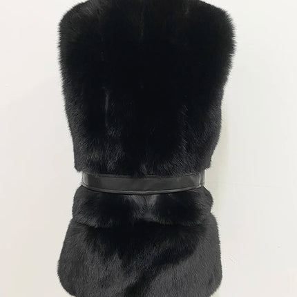 ZADORIN Elegant V-neck Splicing Belted Furry Warm Faux Fur Vest Women Sleeveless Long White Faux Fur Coat Women Winter Clothes