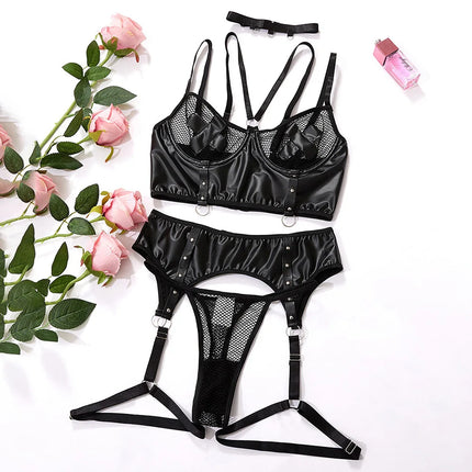 Plus Size Lingerie Set PU Leather Fishnet Bra Panties Garter Belt Choker Strappy Sexy Underwear Ropa Interior Para Mujer