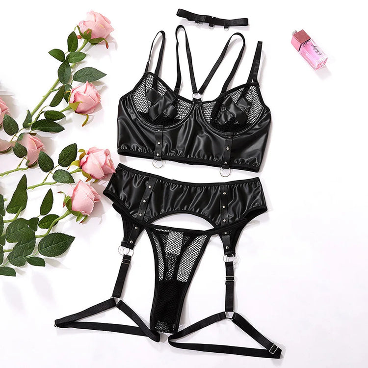 Plus Size Lingerie Set PU Leather Fishnet Bra Panties Garter Belt Choker Strappy Sexy Underwear Ropa Interior Para Mujer