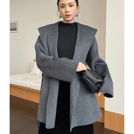 Brushed 100% Wool Coat Women Hooded Belted Wrap Coat Long-Pile Double-Faced Texture Unlined Relaxed Fit Short Coats Fall Winter