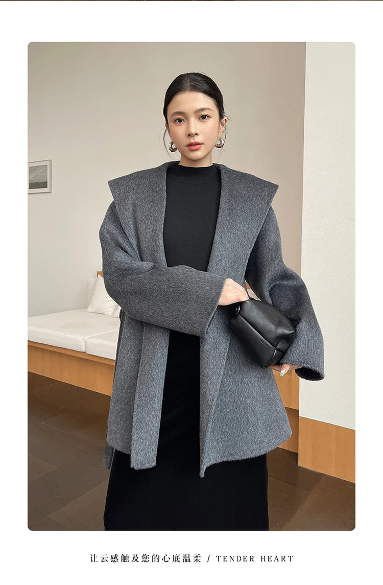 Brushed 100% Wool Coat Women Hooded Belted Wrap Coat Long-Pile Double-Faced Texture Unlined Relaxed Fit Short Coats Fall Winter