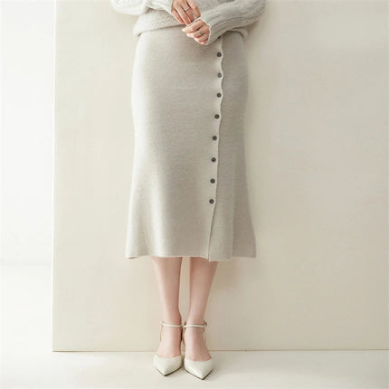 Women 100% Cashmere Skirts Office Lady Autumn Winter Knitted High Waist A-Skirt Graceful Long Warm front-open skirt with buttons PlatiNum