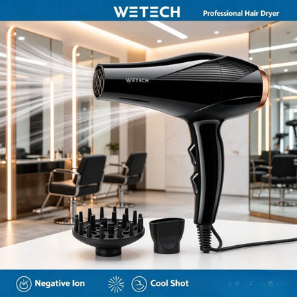 WETECH 2000W High Power Professional Hair Dryer Negative Ion Care Blow Dryer Cool Shot Function With Concentrator Nozzle Diffuser Salon Household Travel Hair Styling Tool Adjustable Heat And Speed 100‑240V Universal Voltage