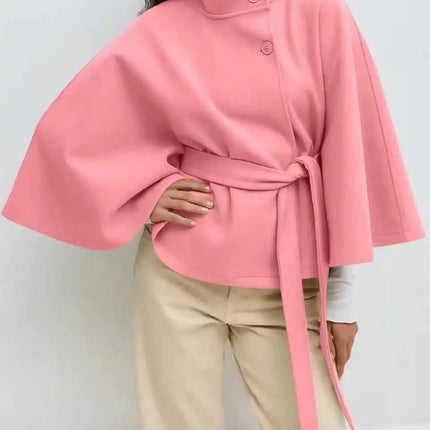 Autumn And Winter New Fashion Solid Color Cloak Stand-up Collar Button Belt Windbreaker Jacket Women's Temperament Commuting Top