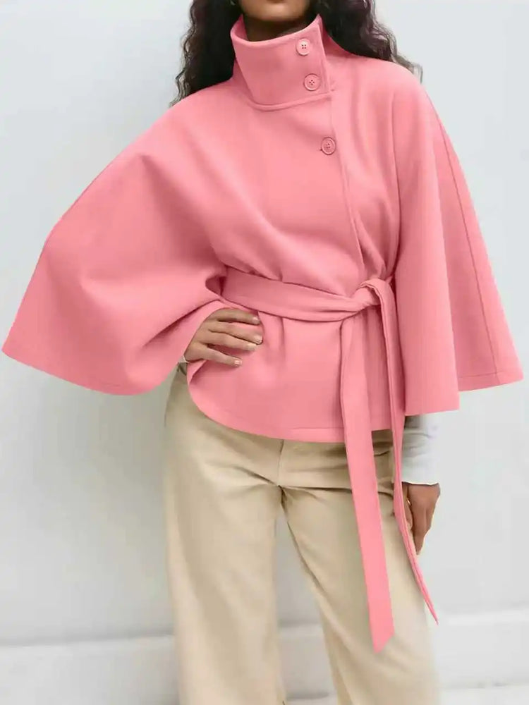 Autumn And Winter New Fashion Solid Color Cloak Stand-up Collar Button Belt Windbreaker Jacket Women's Temperament Commuting Top